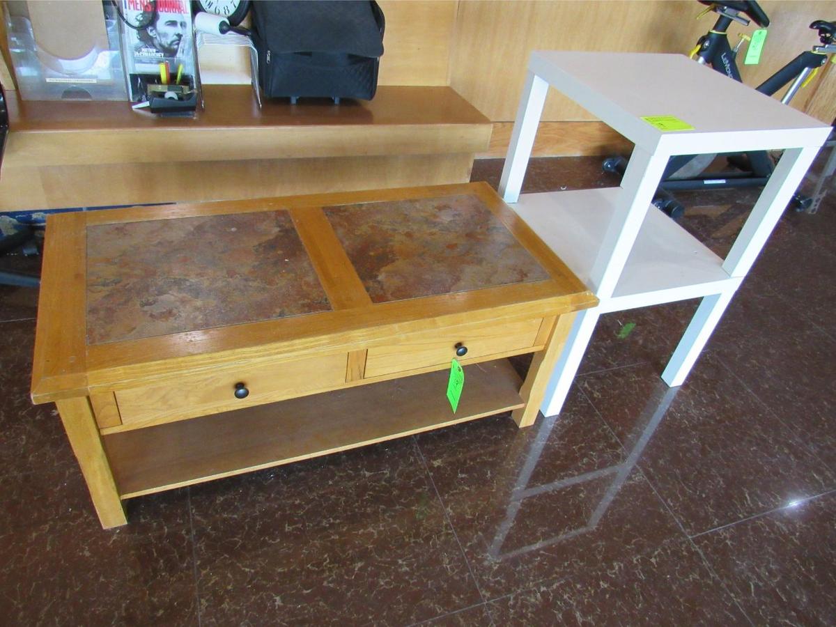 Oak & Tile Coffee Table W/ (2) Magazine Stands