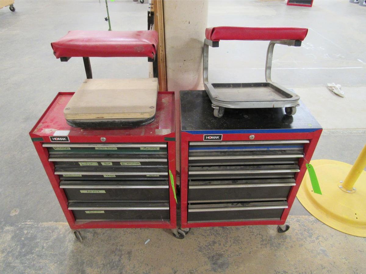 (2) Homak Tool Cabinets & (2) Roll-Around Stools