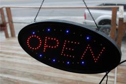 Lighted "OPEN" Signs & String of Holiday Lights