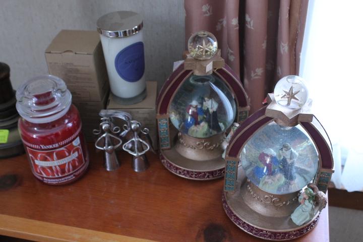 (2) Religious Musical Snow Globes & Candles