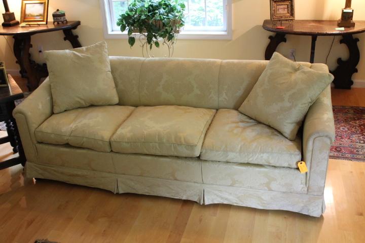 Damask Upholstered Sofa with Down Cushions and Pillows