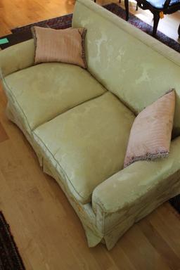 Damask Upholstered Love Seat with Down Cushions and Pillows