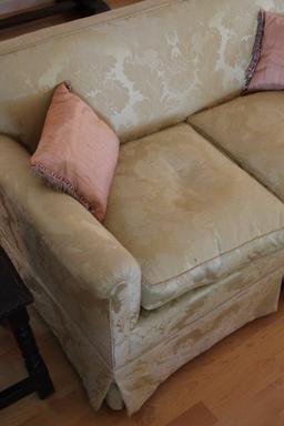 Damask Upholstered Love Seat with Down Cushions and Pillows