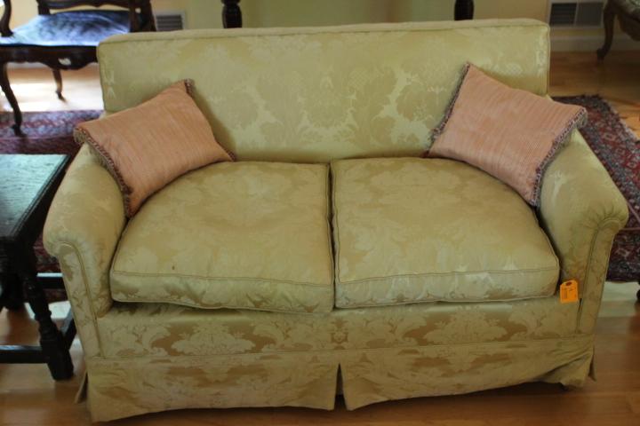 Damask Upholstered Love Seat with Down Cushions and Pillows
