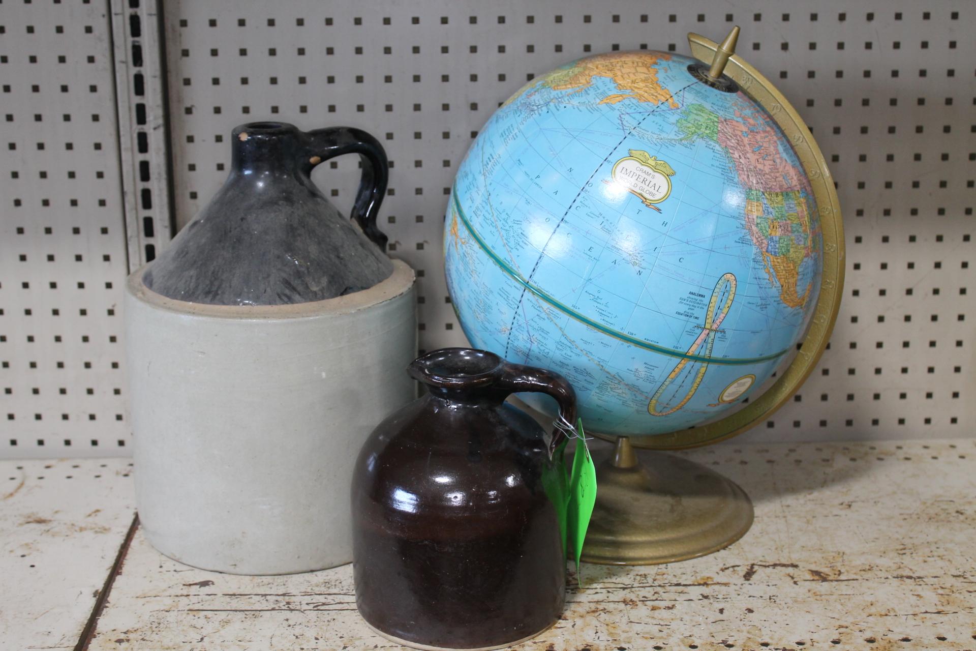 (2) Antique Stoneware Jugs (1) Vintage Globe