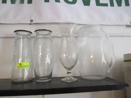 (3) Glass Vases and (1) Poly Pitcher