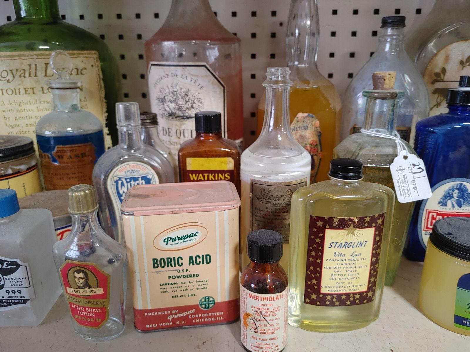 (50+/-) Vintage Barber Shop and Apothecary Advertising Bottles and Tins