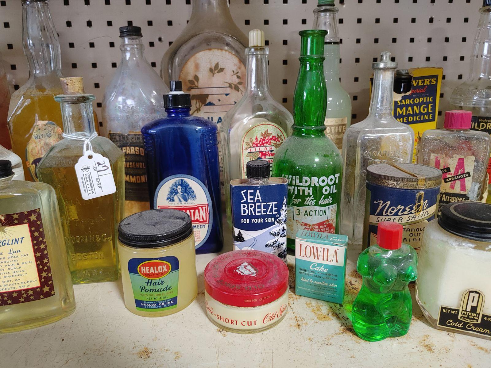 (50+/-) Vintage Barber Shop and Apothecary Advertising Bottles and Tins