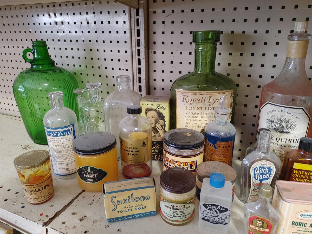 (50+/-) Vintage Barber Shop and Apothecary Advertising Bottles and Tins