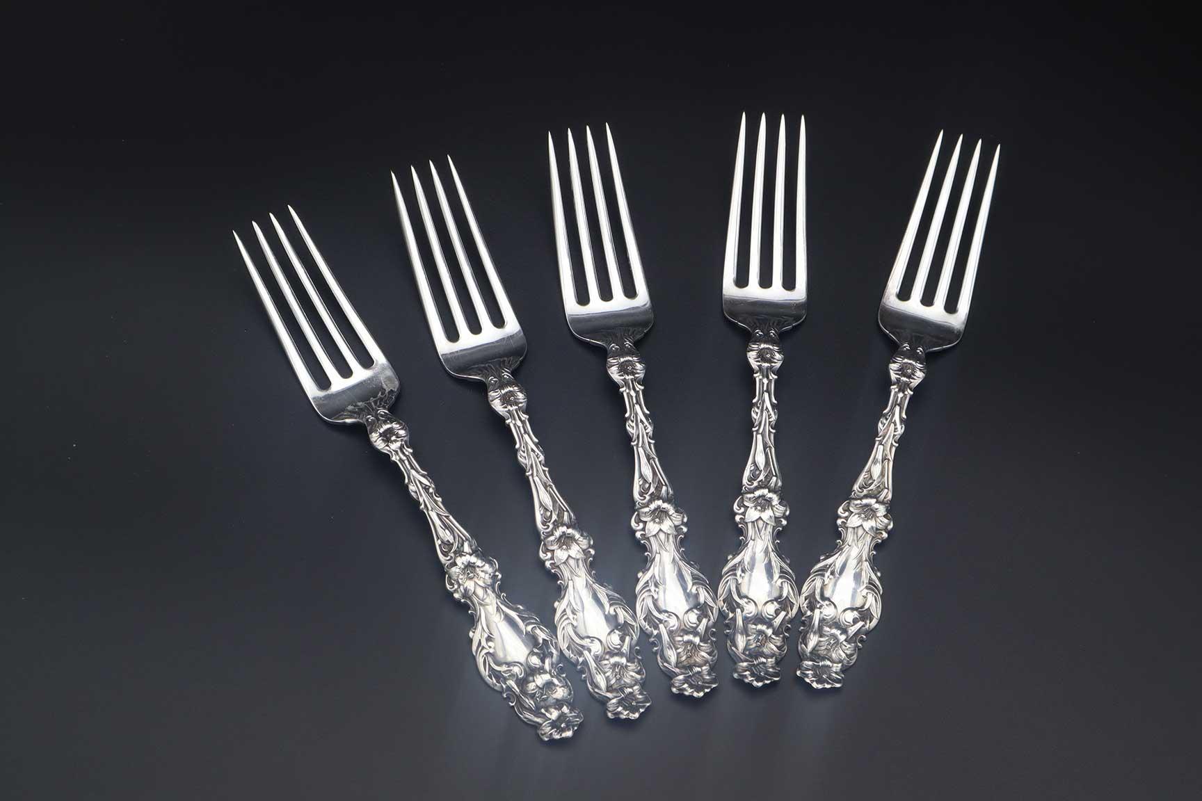 Set of (5) Gorham-Whiting Lily Pattern Sterling Silver Forks