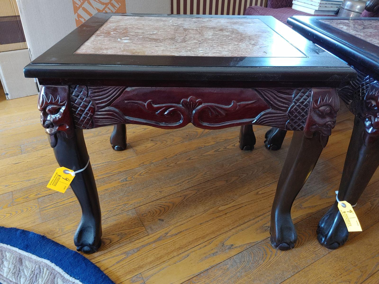 Pair of Carved End-Tables with Marble Inlays