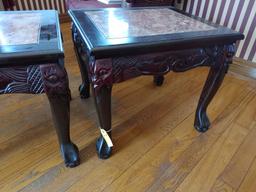 Pair of Carved End-Tables with Marble Inlays