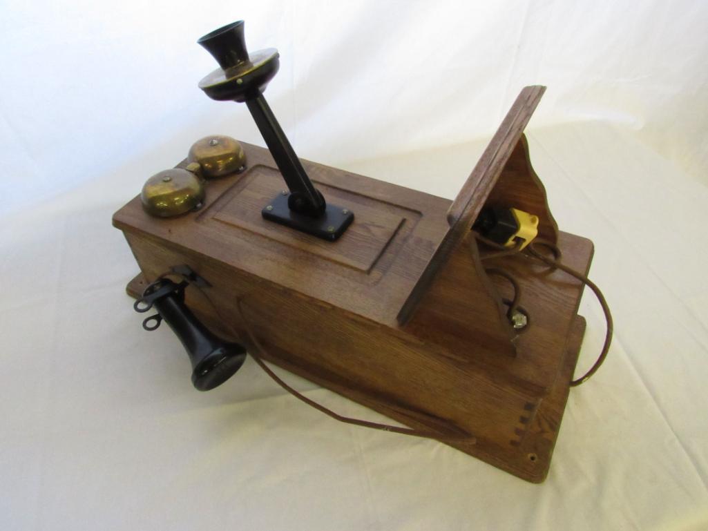 Wood Hand Crank Wall Phone Set Oak Cabinet