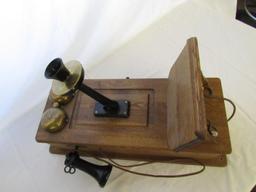 Wood Hand Crank Wall Phone Set Oak Cabinet