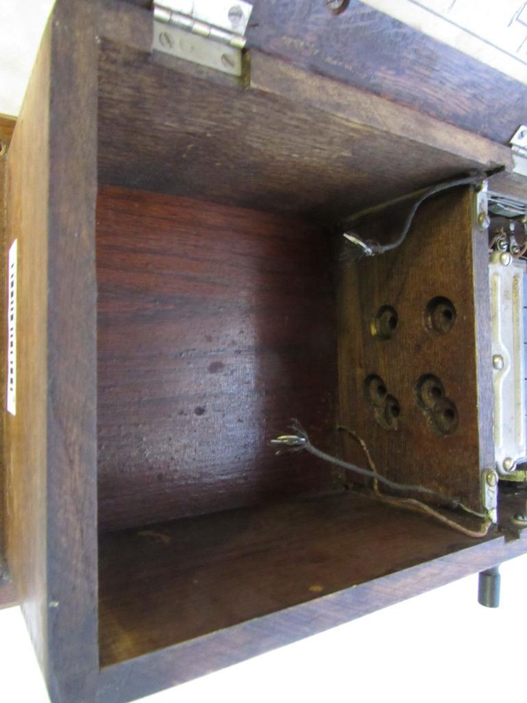 Wood Hand Crank Wall Phone Set Oak Cabinet