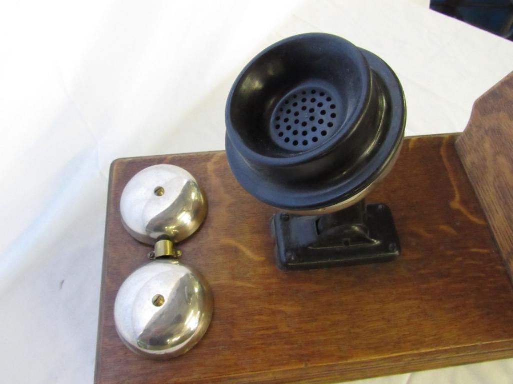 Wood Hand Crank Wall Phone Set Oak Cabinet