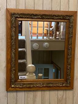 Oak Mirror w/ Gilt Carving & (2) Candle Sconces