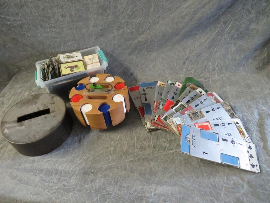 Playing Cards, Game Chips & (12) Vintage Aluminum Bridge Card Holders