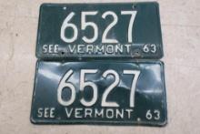 1963 Vermont License Plate Pair 6527