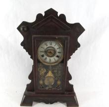 Walnut Alarm Shelf Clock w/Thermometer Pendulum