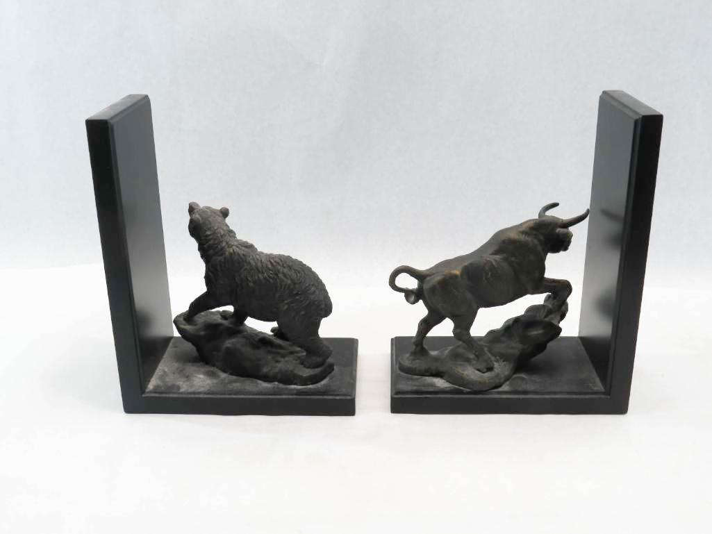 Patinated Iron Bull & Bear Bookends