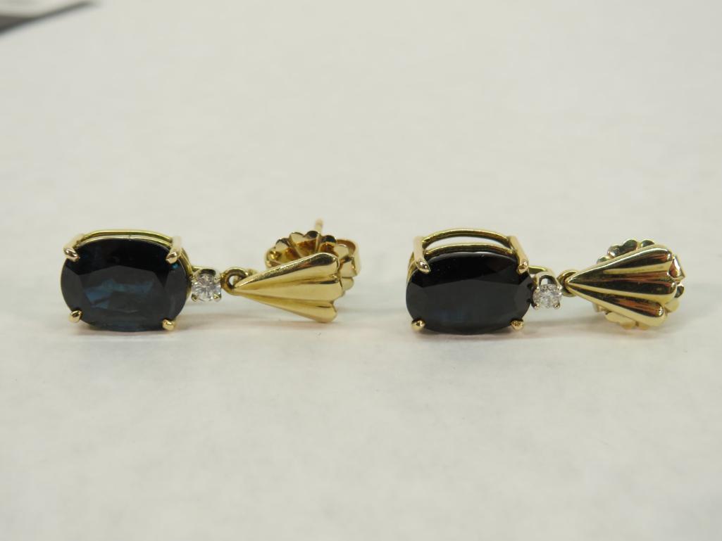 Pair of 14K Yellow Gold, Diamond & Sapphire Earrings