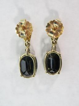 Pair of 14K Yellow Gold, Diamond & Sapphire Earrings