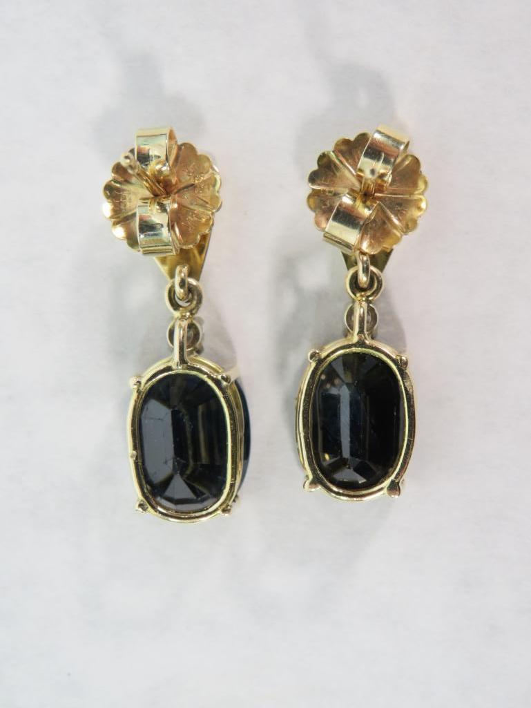 Pair of 14K Yellow Gold, Diamond & Sapphire Earrings