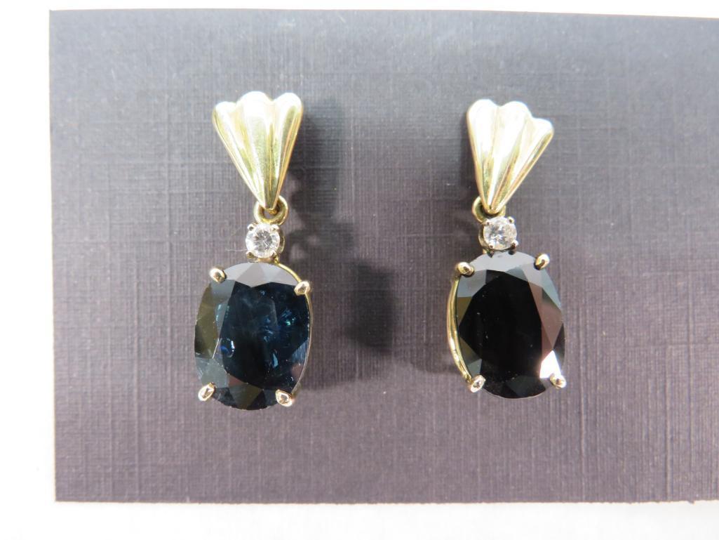 Pair of 14K Yellow Gold, Diamond & Sapphire Earrings