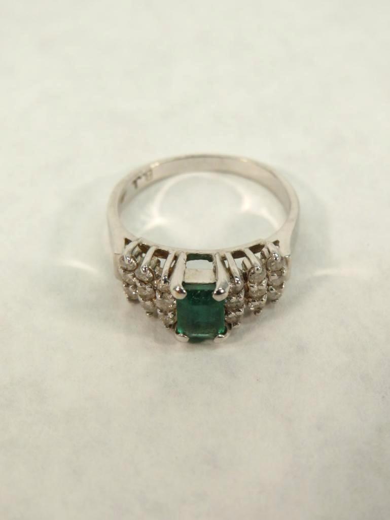 14K White Gold, Diamond & Emerald Ring