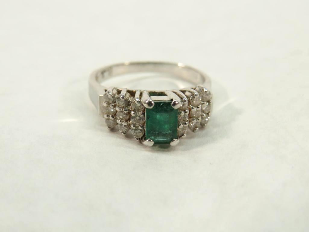 14K White Gold, Diamond & Emerald Ring