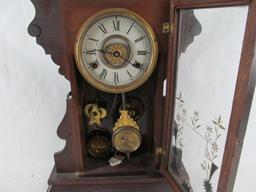 Walnut Alarm Shelf Clock w/Thermometer Pendulum