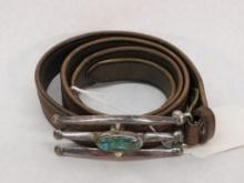 Tooled Leather Belt with Sterling Silver & Turquoise Buckle