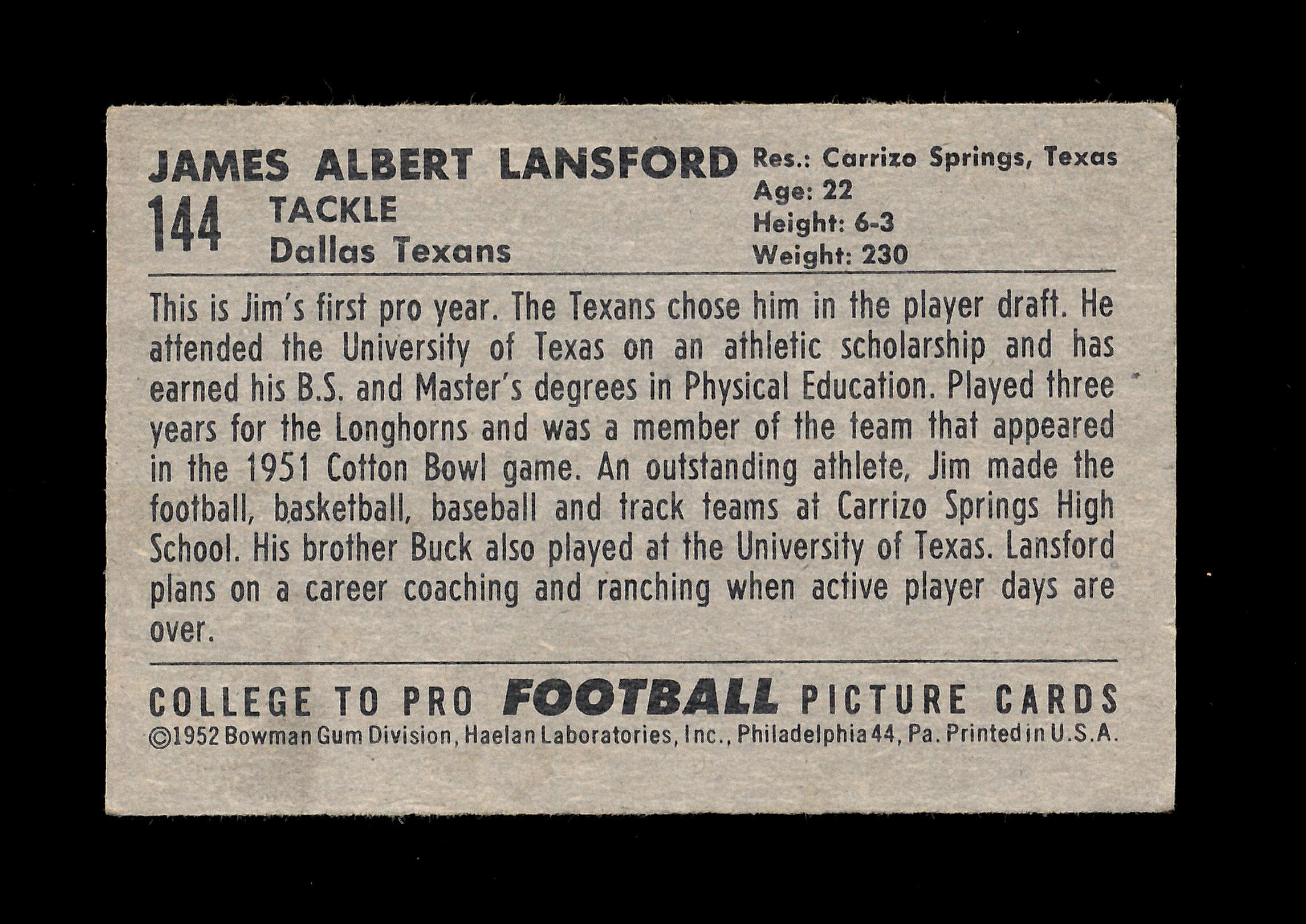 1952 Bowman Small Football Card #144 Rookie Jim Lansford Dallas Texans. EX/