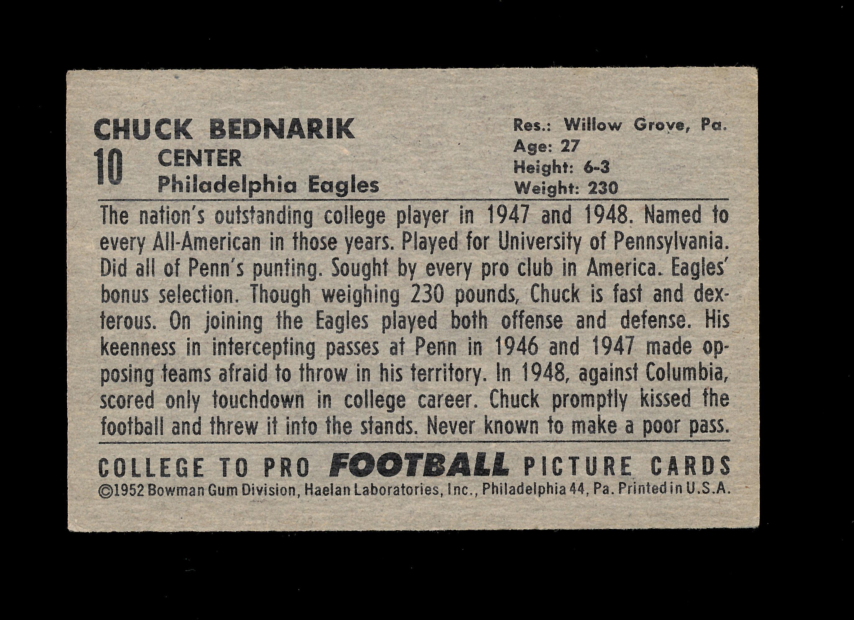 1952 Bowman Large Football Card Scarce Short Print #10 Hall of Famer Chuck
