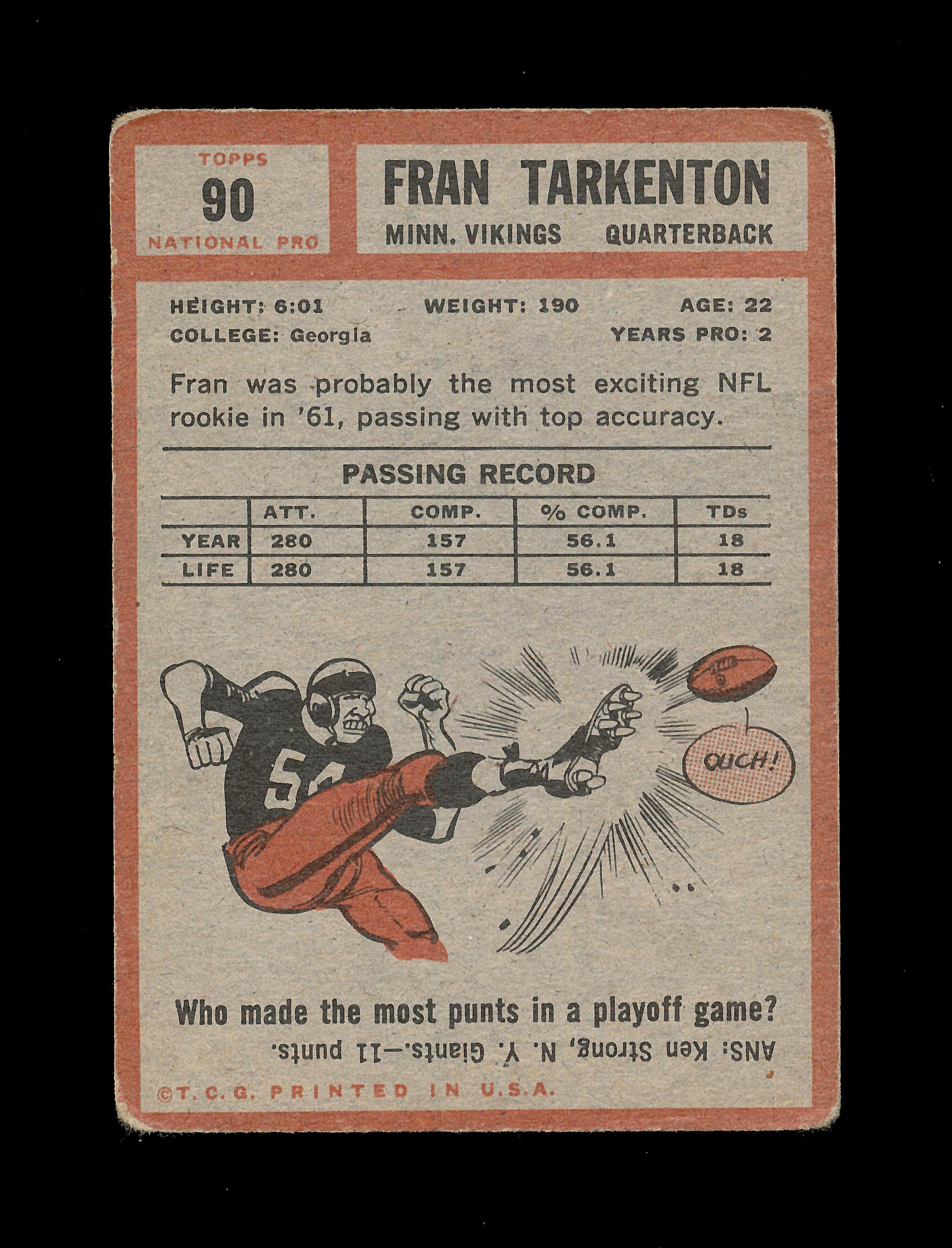1962 Topps Football Card Scarce Short Print #90 Rookie Hall of Famer Fran T