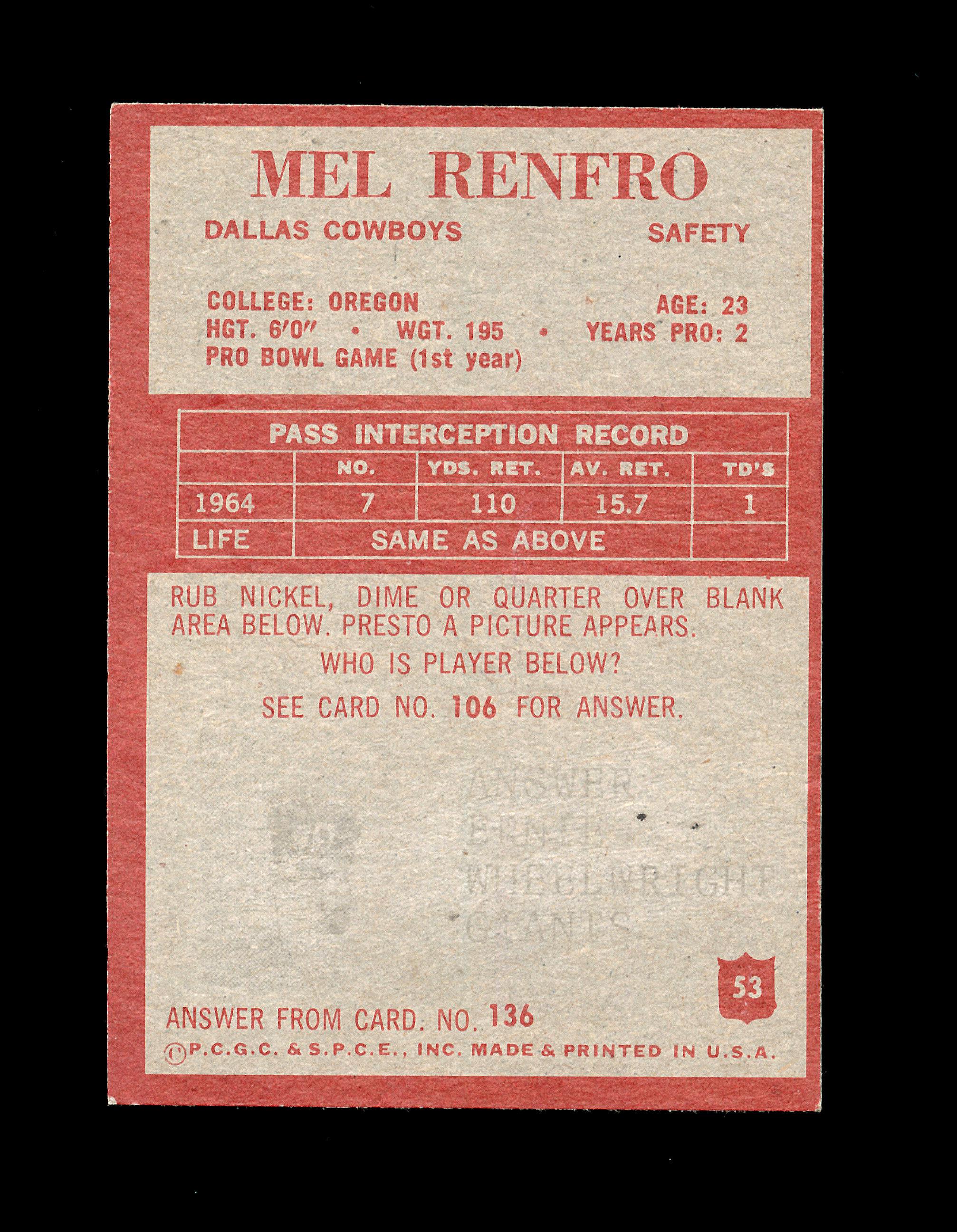 1965 Philadelphia Football Card #53 Rookie Hall of Famer Mel Renfro Dallas