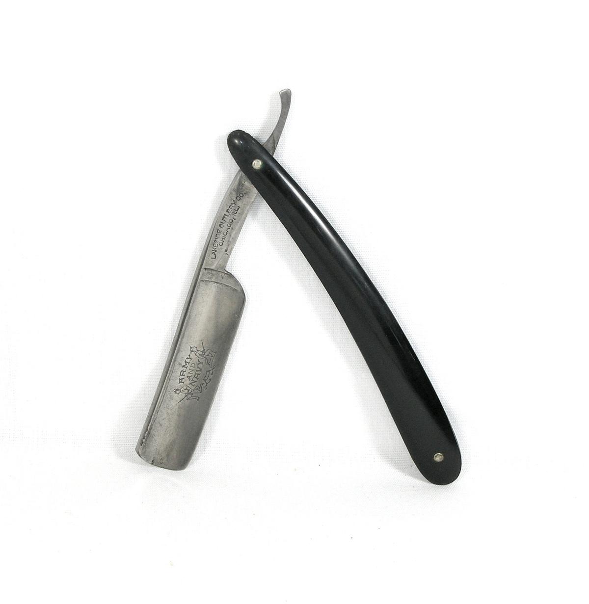 LakesideCutlery Co.  Chicago IL. Round point blade straight razor in black