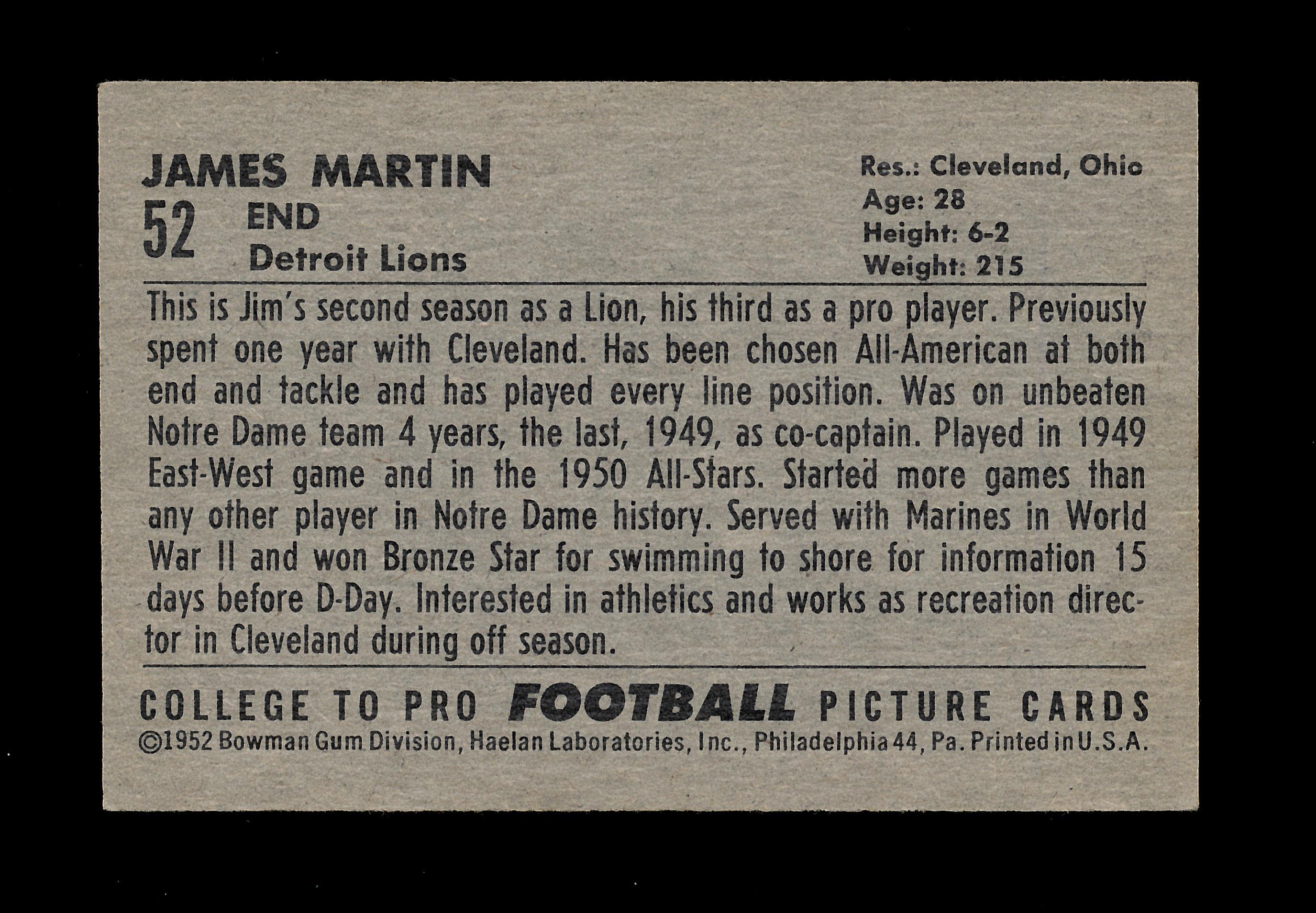 1952 Bowman Large Football Card #52 James Martin Detroit Lions. EX/MT - NM