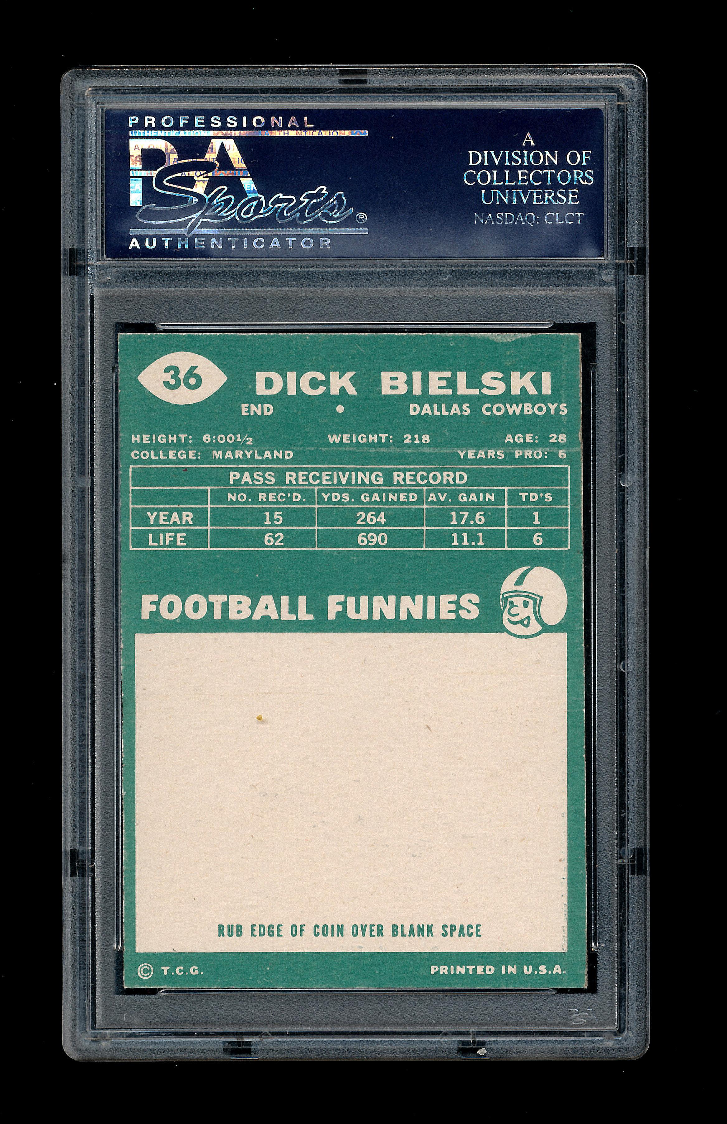 1960 Topps Football Card #36 Dick Bielski Dallas Cowboys. Graded PSA NM-7 C