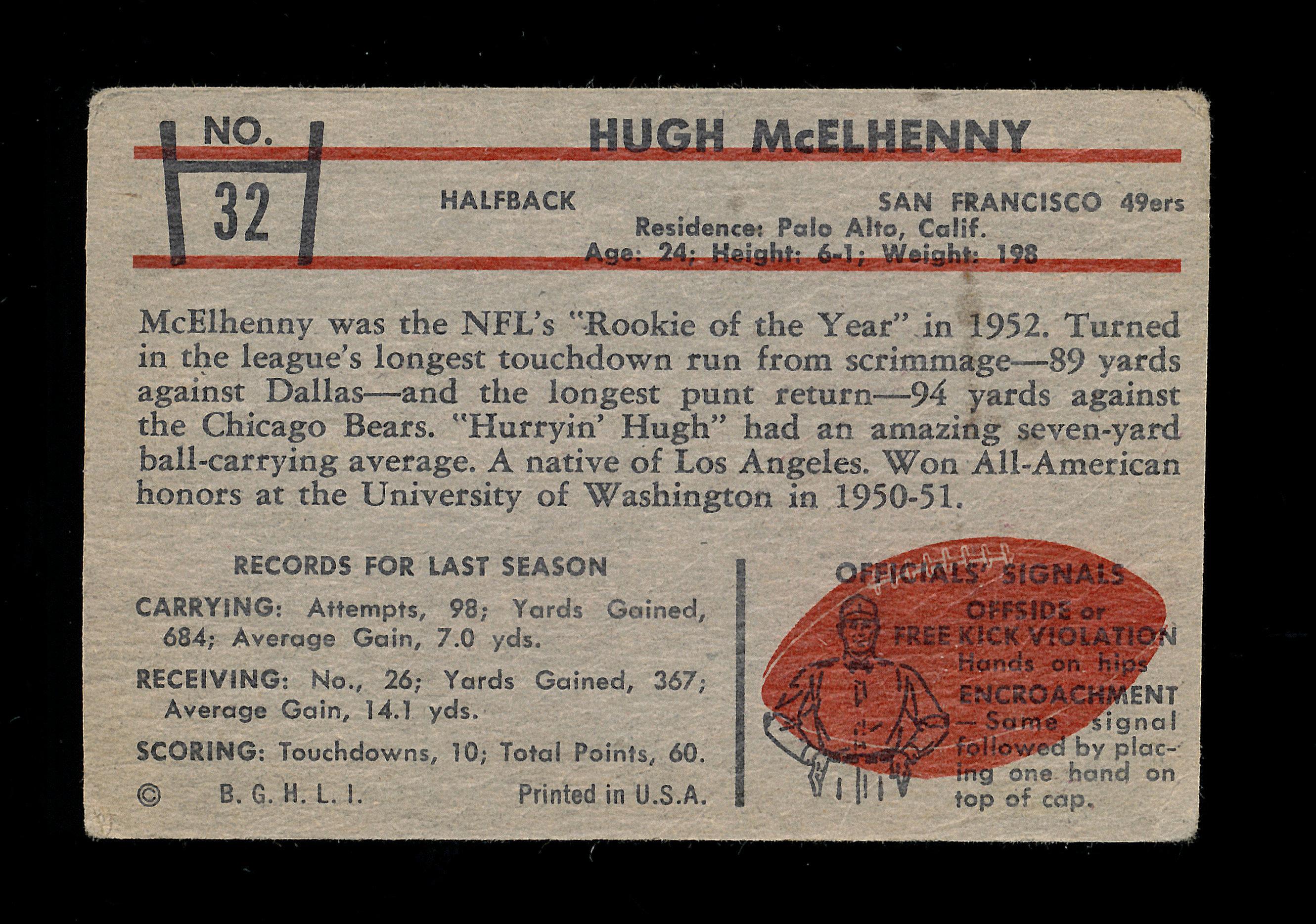 1953 Bowman Football Card #32 Hall of Famer Hugh McElhenney San Francisco 4