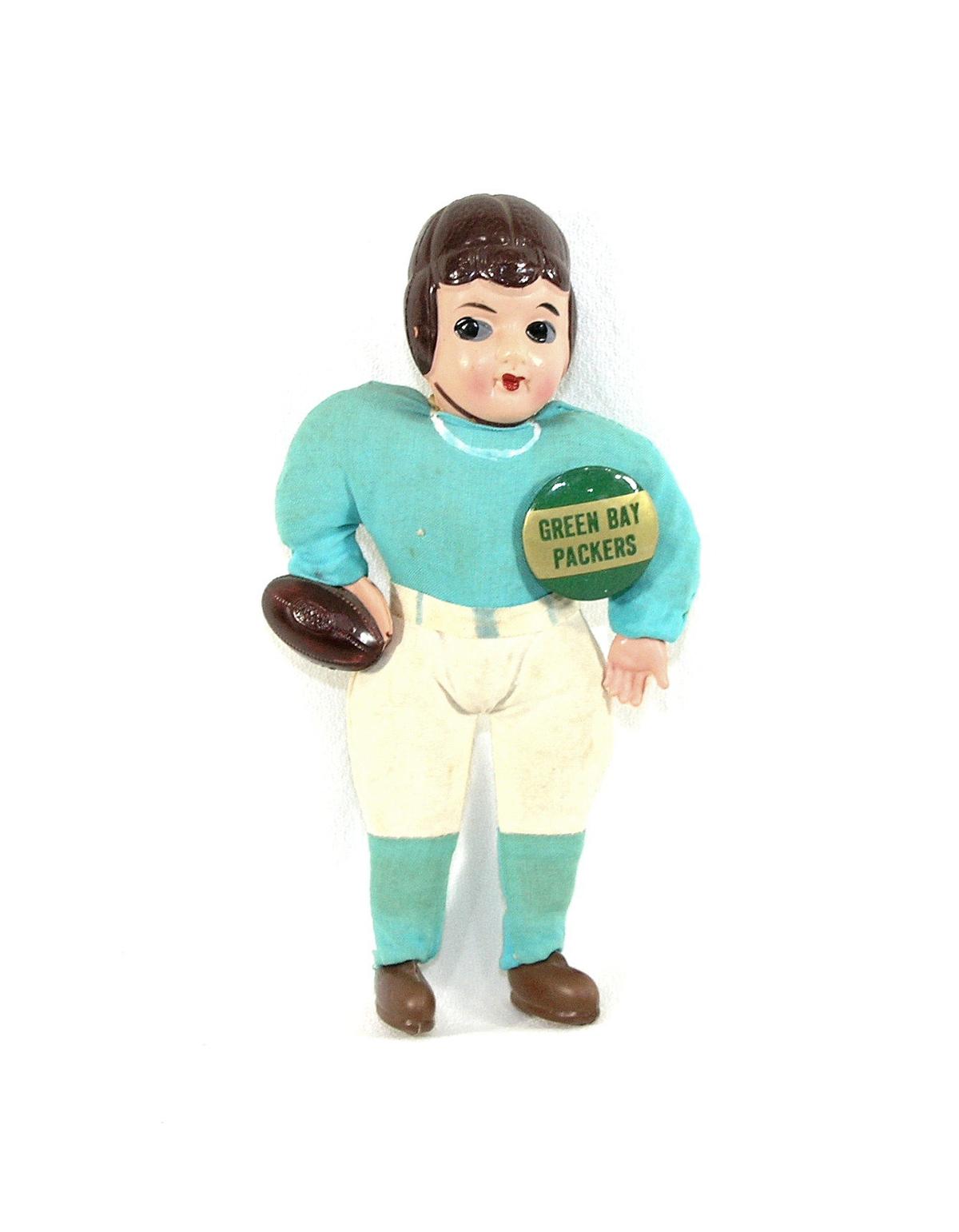 1940's Green Bay Packers Button And Football Player Doll.  7-1/2" Tall.