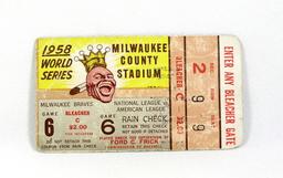 1958 World Series Milwaukee Braves vs New York Yankees Admission Ticket Stu