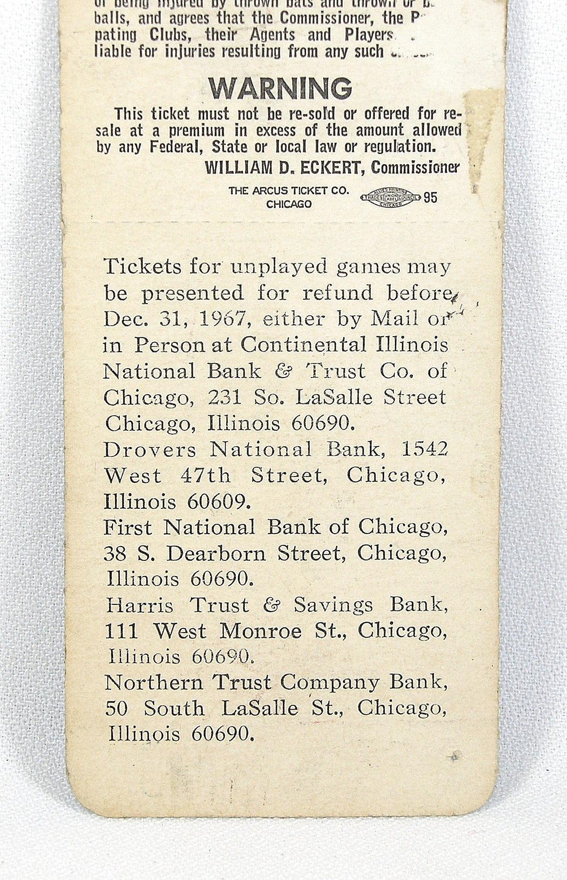 1967 Chicago White Sox Full Phantom World Series Admission Ticket. Major Le