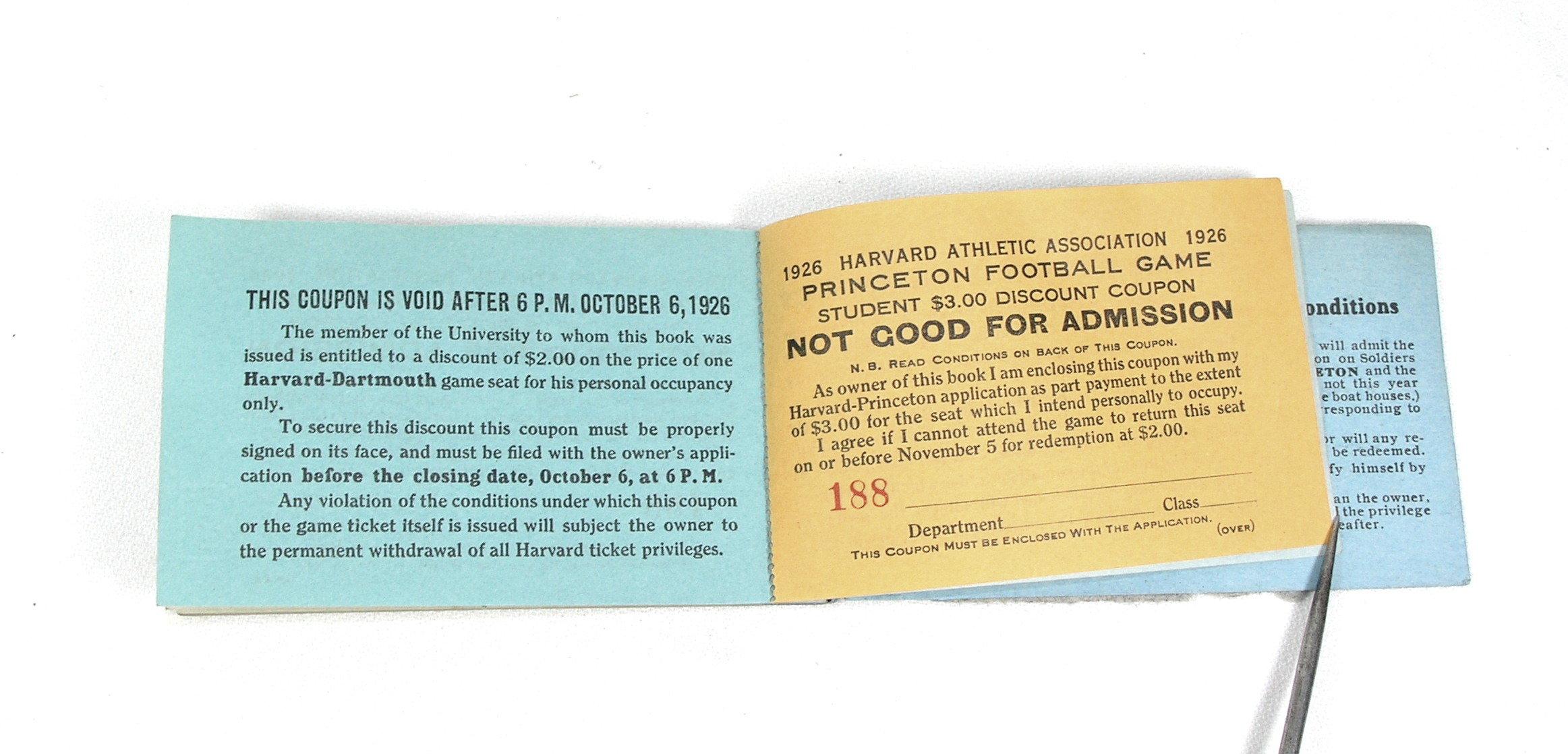 1926 -1927 Harvard Athletics Season Ticket Book Unused Tickets. Only Three