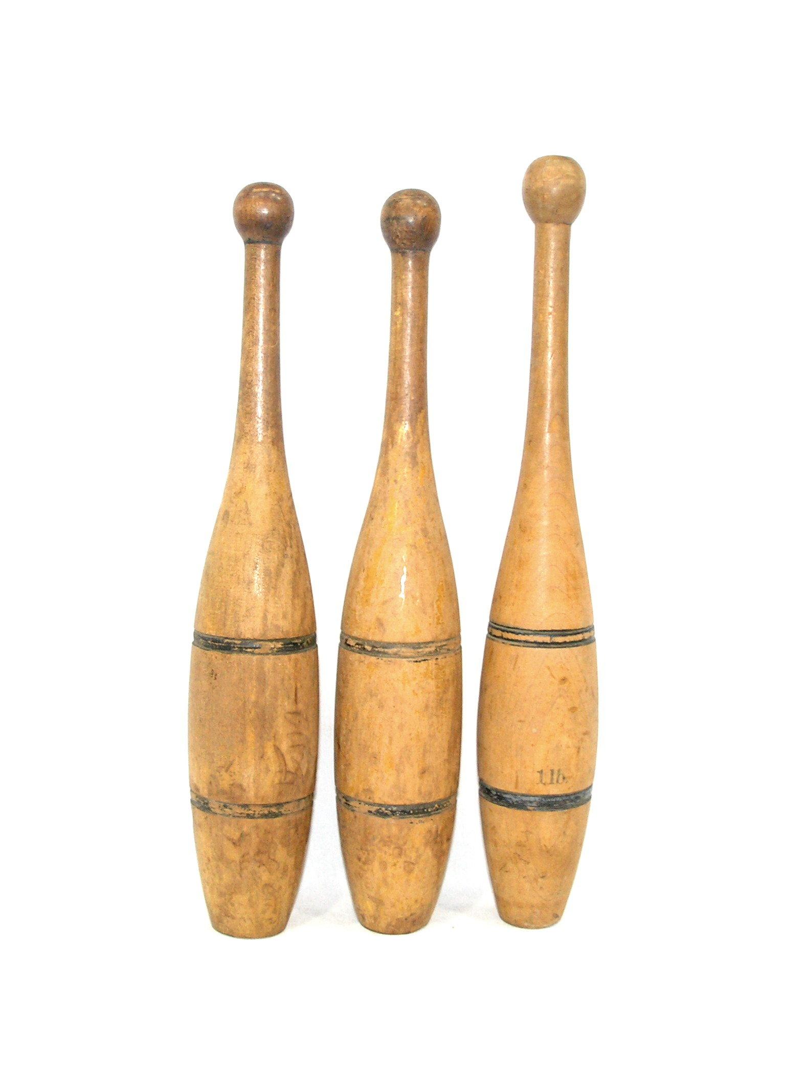 Three One Pound Early 1900s Wooden Juggling pins  Two at 15-1/4" and One at