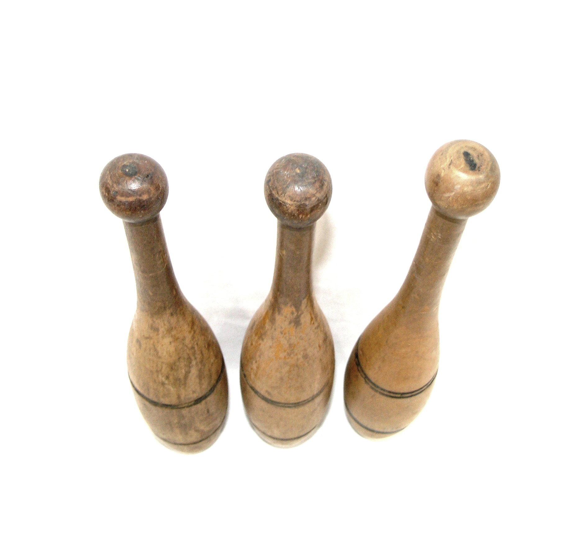 Three One Pound Early 1900s Wooden Juggling pins  Two at 15-1/4" and One at