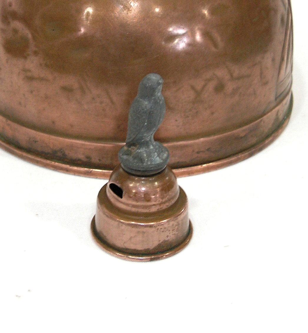 Old Art Deco Copper Teal Kettle with Whistling Bird Finial. The Finial and