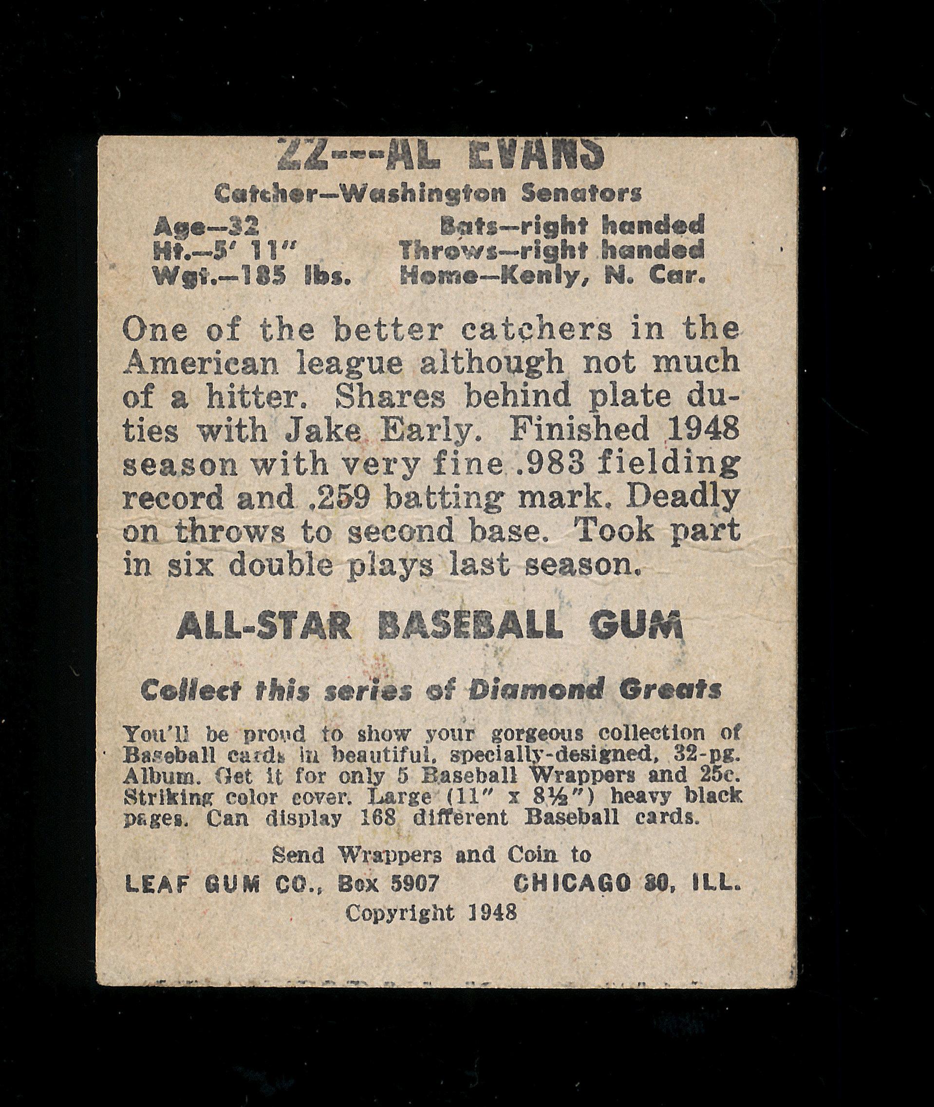 1948 Leaf Baseball Card #22 Al Evans Washington Senators. VG-EX to EX Condi