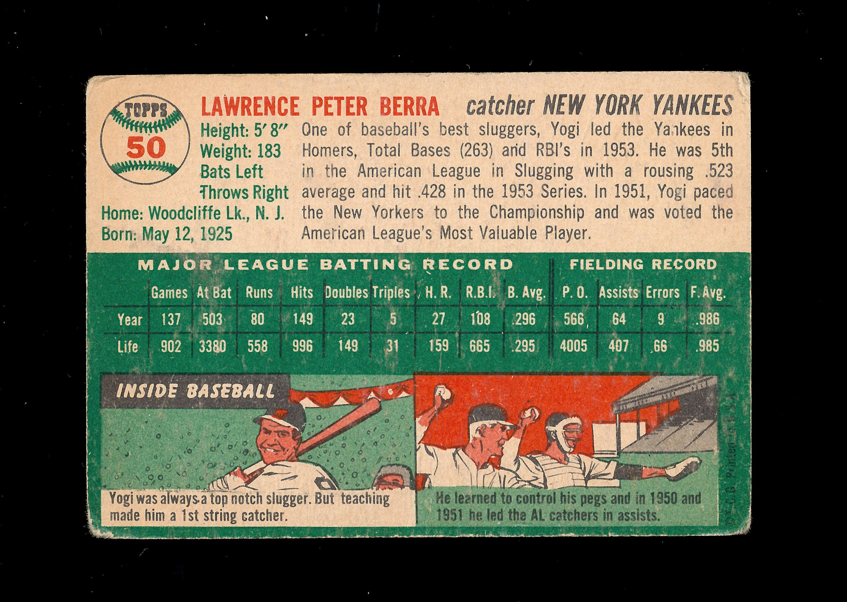 1954 Topps Baseball Card #50 Hall Of Famer Yogi Berra  New York Yankees. VG